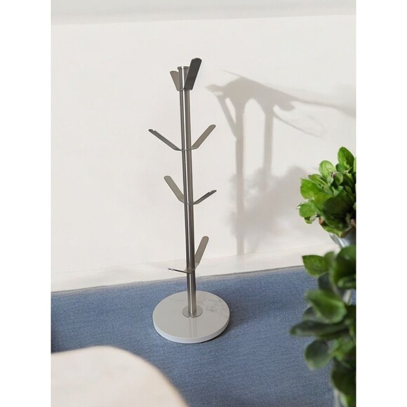 Mug Holder Tree with White Marble Base, 8 Silver Hooks And Stand 18 Inch - Picture 1 of 7